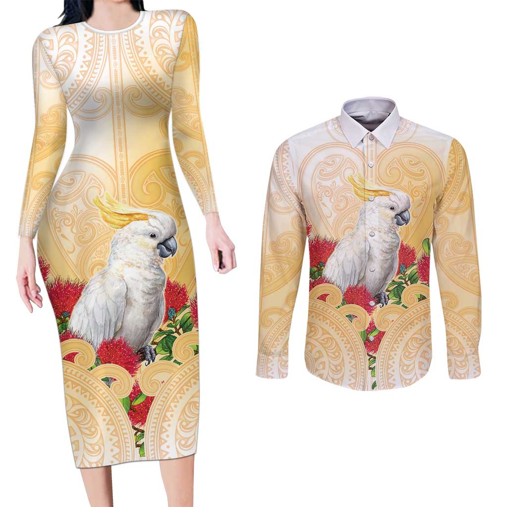 New Zealand Aotearoa Cockatoo Couples Matching Long Sleeve Bodycon Dress and Long Sleeve Button Shirt Maori Pattern With Pohutukawa Flowers LT05 Beige - Polynesian Pride