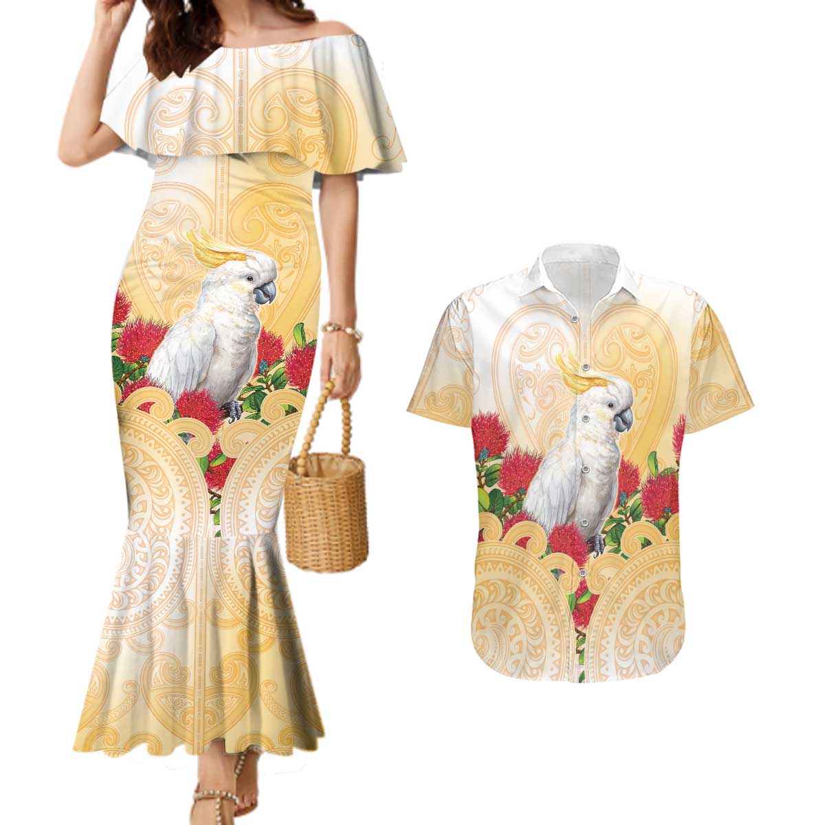 New Zealand Aotearoa Cockatoo Couples Matching Mermaid Dress and Hawaiian Shirt Maori Pattern With Pohutukawa Flowers LT05 Beige - Polynesian Pride