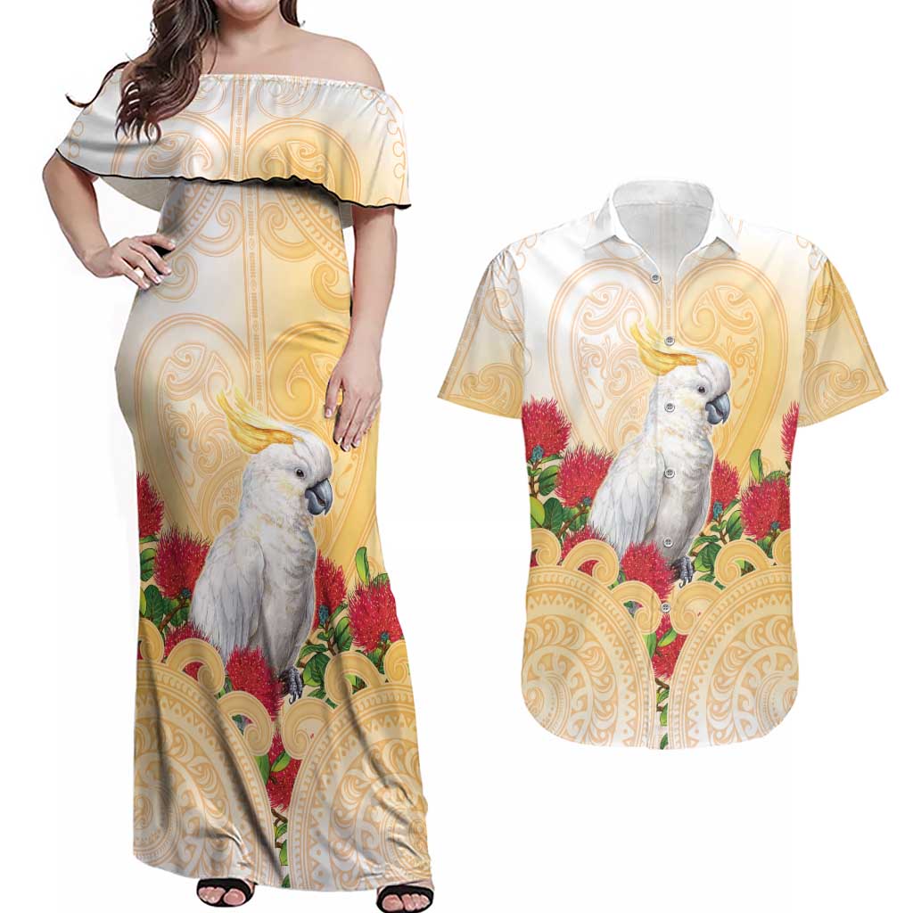 New Zealand Aotearoa Cockatoo Couples Matching Off Shoulder Maxi Dress and Hawaiian Shirt Maori Pattern With Pohutukawa Flowers LT05 Beige - Polynesian Pride