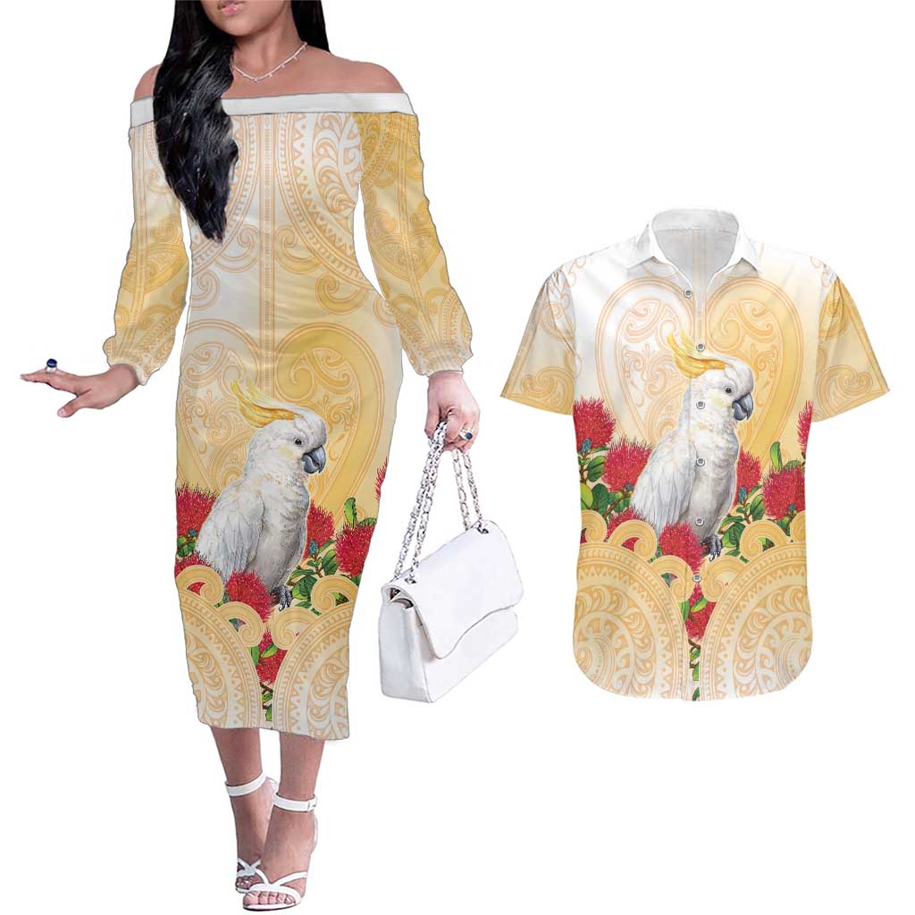 New Zealand Aotearoa Cockatoo Couples Matching Off The Shoulder Long Sleeve Dress and Hawaiian Shirt Maori Pattern With Pohutukawa Flowers LT05 Beige - Polynesian Pride