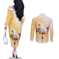 New Zealand Aotearoa Cockatoo Couples Matching Off The Shoulder Long Sleeve Dress and Long Sleeve Button Shirt Maori Pattern With Pohutukawa Flowers