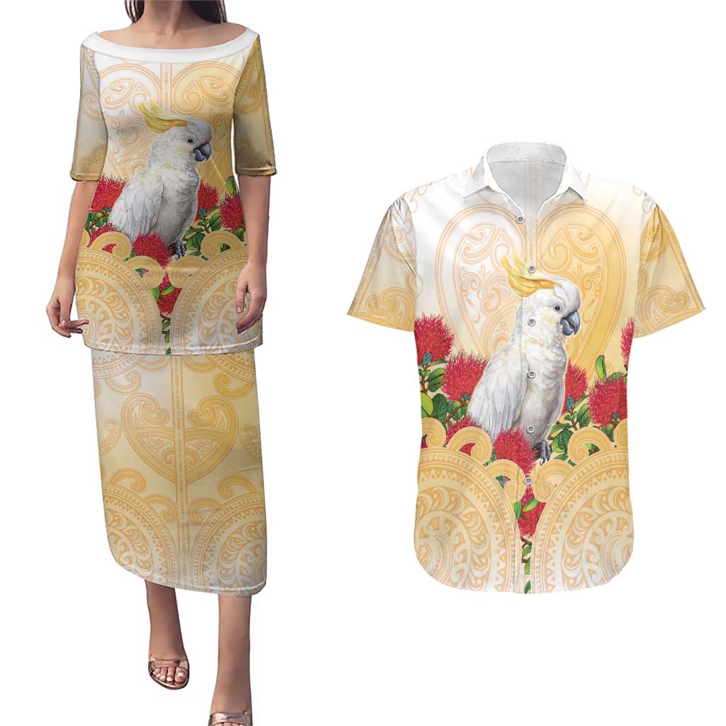 New Zealand Aotearoa Cockatoo Couples Matching Puletasi and Hawaiian Shirt Maori Pattern With Pohutukawa Flowers LT05 Beige - Polynesian Pride