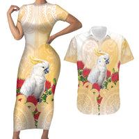 New Zealand Aotearoa Cockatoo Couples Matching Short Sleeve Bodycon Dress and Hawaiian Shirt Maori Pattern With Pohutukawa Flowers