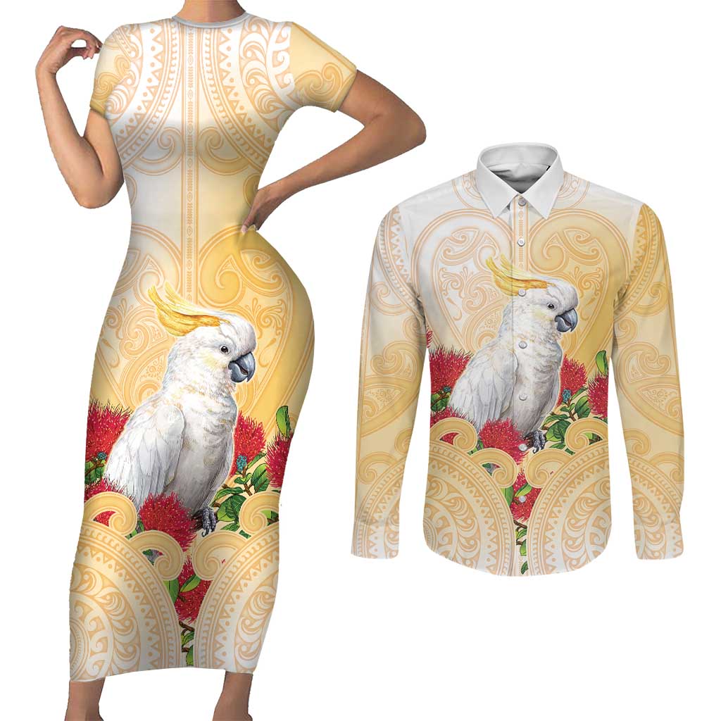 New Zealand Aotearoa Cockatoo Couples Matching Short Sleeve Bodycon Dress and Long Sleeve Button Shirt Maori Pattern With Pohutukawa Flowers LT05 Beige - Polynesian Pride