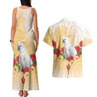 New Zealand Aotearoa Cockatoo Couples Matching Tank Maxi Dress and Hawaiian Shirt Maori Pattern With Pohutukawa Flowers