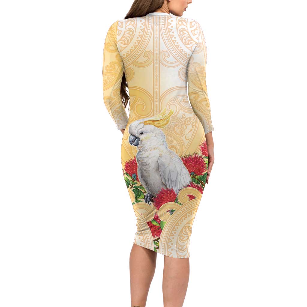 New Zealand Aotearoa Cockatoo Family Matching Long Sleeve Bodycon Dress and Hawaiian Shirt Maori Pattern With Pohutukawa Flowers