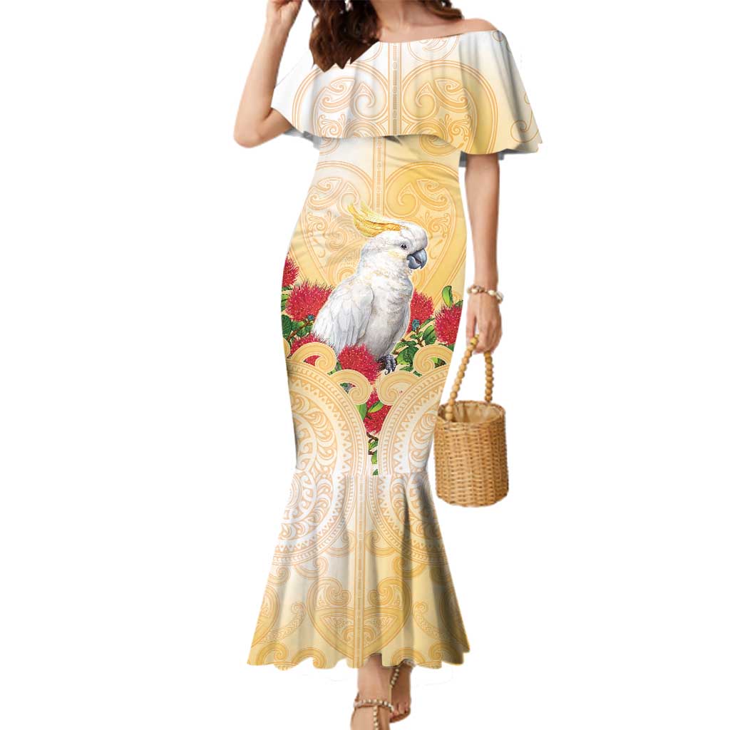 New Zealand Aotearoa Cockatoo Family Matching Mermaid Dress and Hawaiian Shirt Maori Pattern With Pohutukawa Flowers