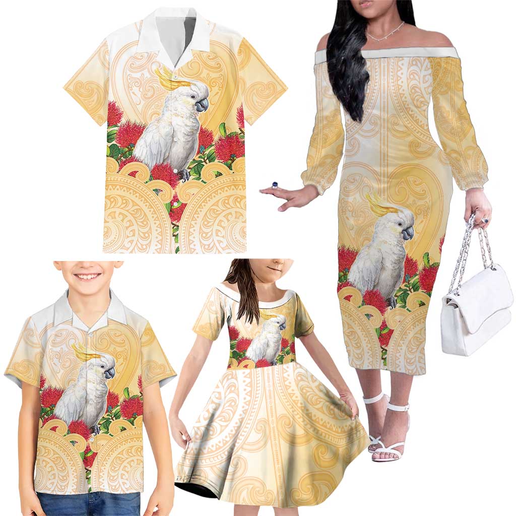 New Zealand Aotearoa Cockatoo Family Matching Off The Shoulder Long Sleeve Dress and Hawaiian Shirt Maori Pattern With Pohutukawa Flowers LT05 - Polynesian Pride