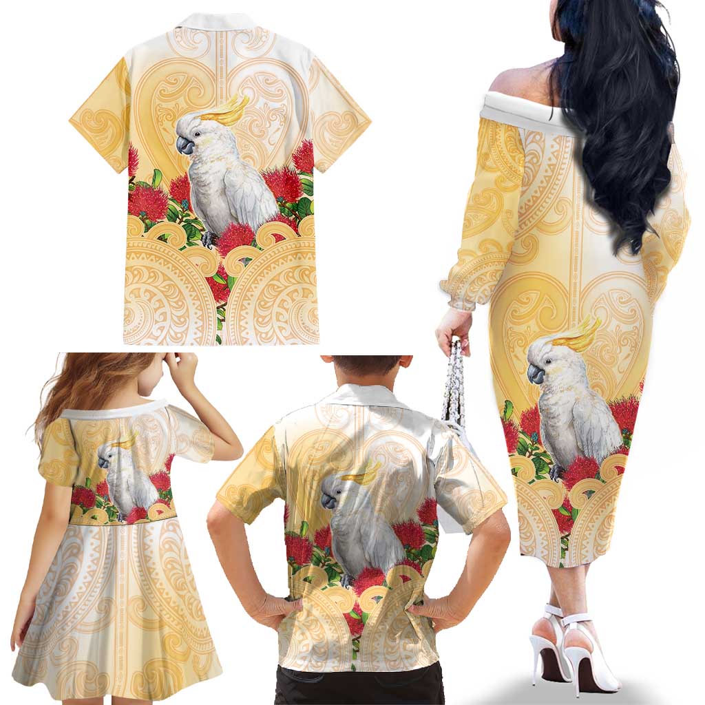 New Zealand Aotearoa Cockatoo Family Matching Off The Shoulder Long Sleeve Dress and Hawaiian Shirt Maori Pattern With Pohutukawa Flowers