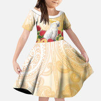 New Zealand Aotearoa Cockatoo Family Matching Off Shoulder Maxi Dress and Hawaiian Shirt Maori Pattern With Pohutukawa Flowers