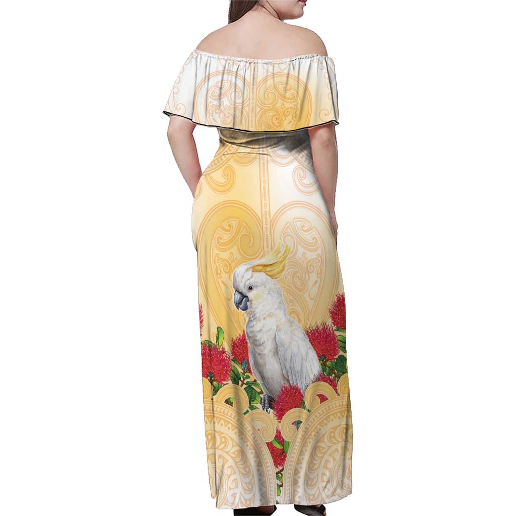 New Zealand Aotearoa Cockatoo Family Matching Off Shoulder Maxi Dress and Hawaiian Shirt Maori Pattern With Pohutukawa Flowers