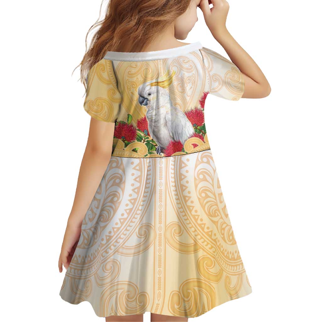 New Zealand Aotearoa Cockatoo Family Matching Off Shoulder Short Dress and Hawaiian Shirt Maori Pattern With Pohutukawa Flowers