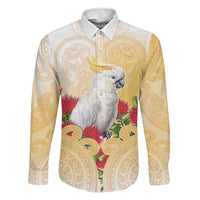 New Zealand Aotearoa Cockatoo Family Matching Off Shoulder Short Dress and Hawaiian Shirt Maori Pattern With Pohutukawa Flowers