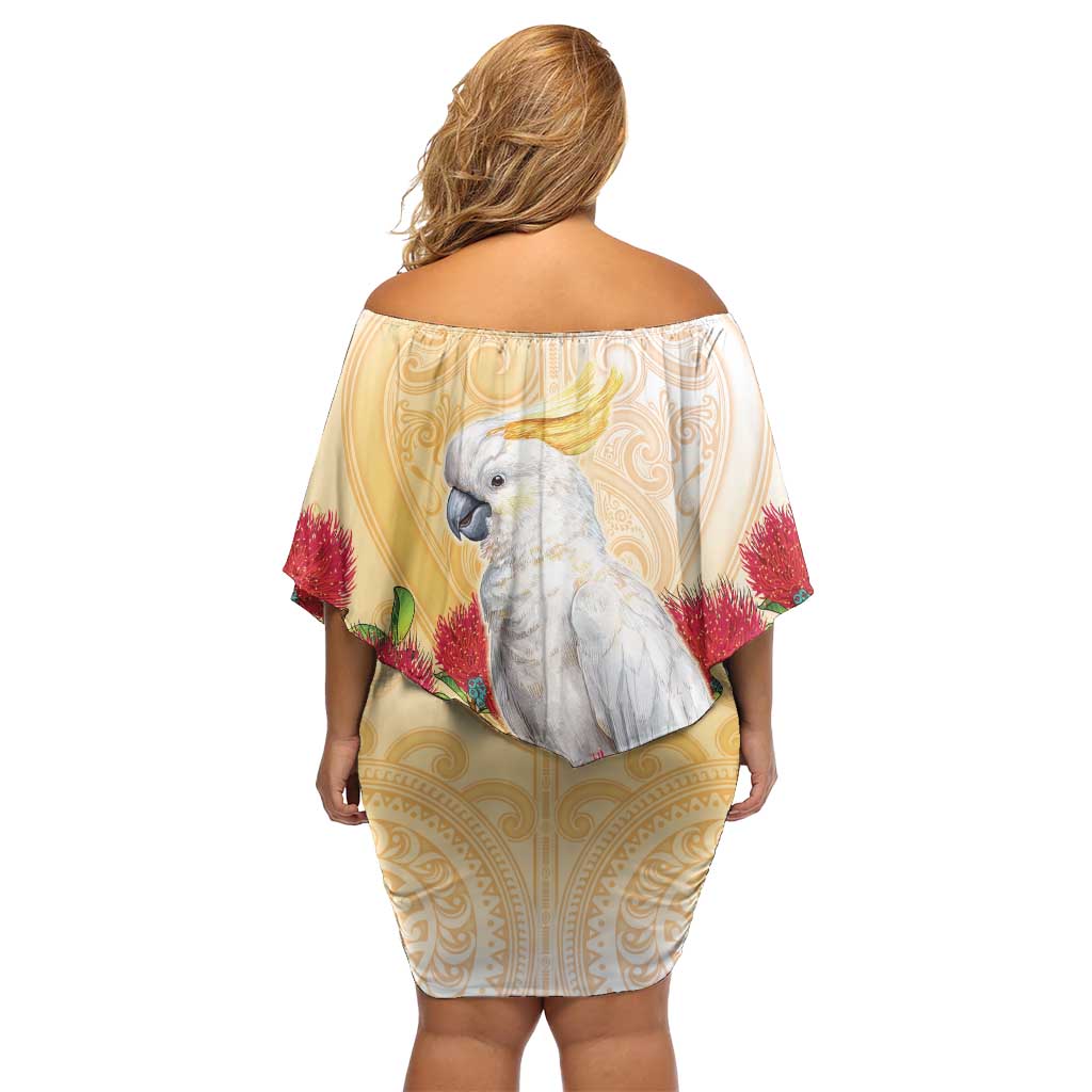 New Zealand Aotearoa Cockatoo Family Matching Off Shoulder Short Dress and Hawaiian Shirt Maori Pattern With Pohutukawa Flowers