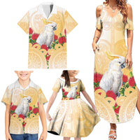 New Zealand Aotearoa Cockatoo Family Matching Summer Maxi Dress and Hawaiian Shirt Maori Pattern With Pohutukawa Flowers