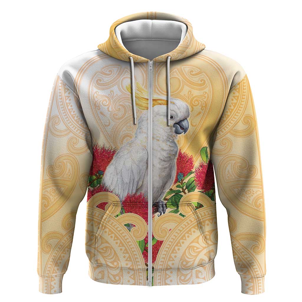 New Zealand Aotearoa Cockatoo Hoodie Maori Pattern With Pohutukawa Flowers