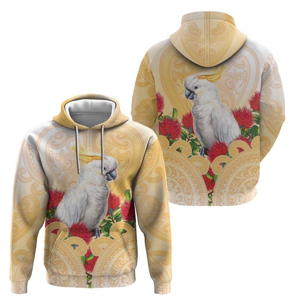 New Zealand Aotearoa Cockatoo Hoodie Maori Pattern With Pohutukawa Flowers