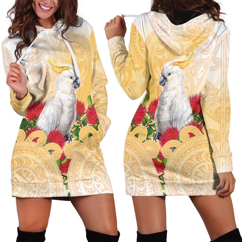 New Zealand Aotearoa Cockatoo Hoodie Dress Maori Pattern With Pohutukawa Flowers