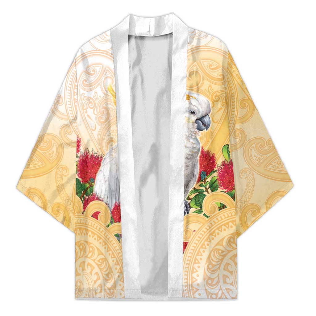 New Zealand Aotearoa Cockatoo Kimono Maori Pattern With Pohutukawa Flowers LT05 Unisex Beige - Polynesian Pride