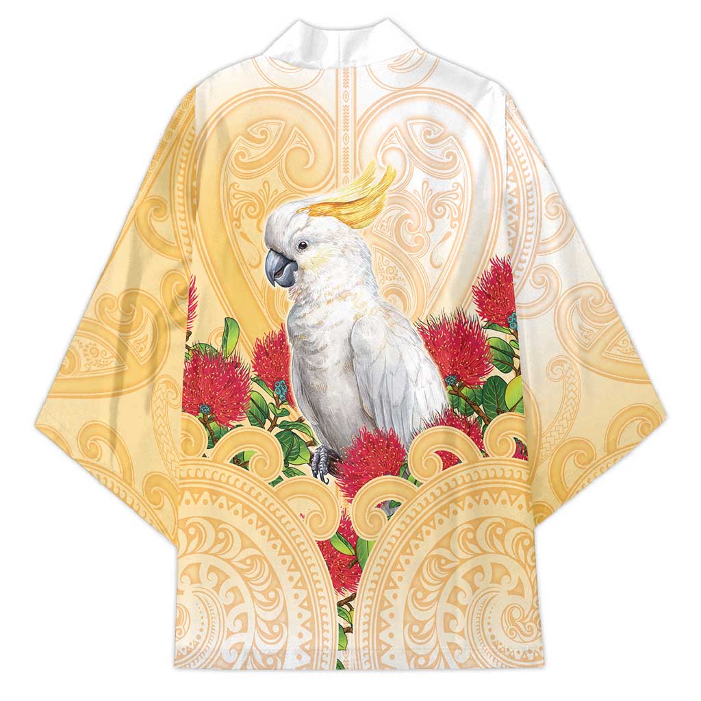 New Zealand Aotearoa Cockatoo Kimono Maori Pattern With Pohutukawa Flowers LT05 - Polynesian Pride