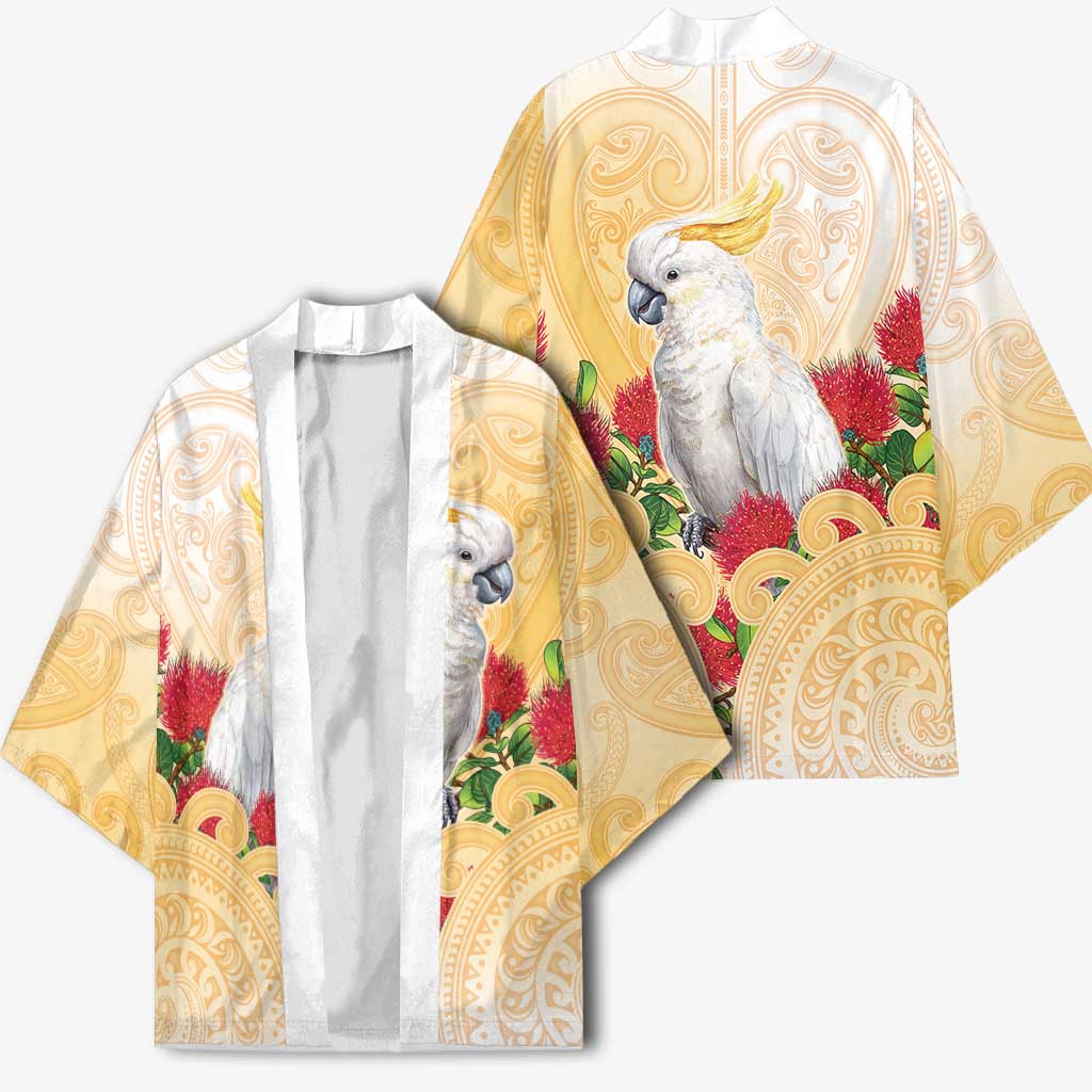 New Zealand Aotearoa Cockatoo Kimono Maori Pattern With Pohutukawa Flowers LT05 - Polynesian Pride