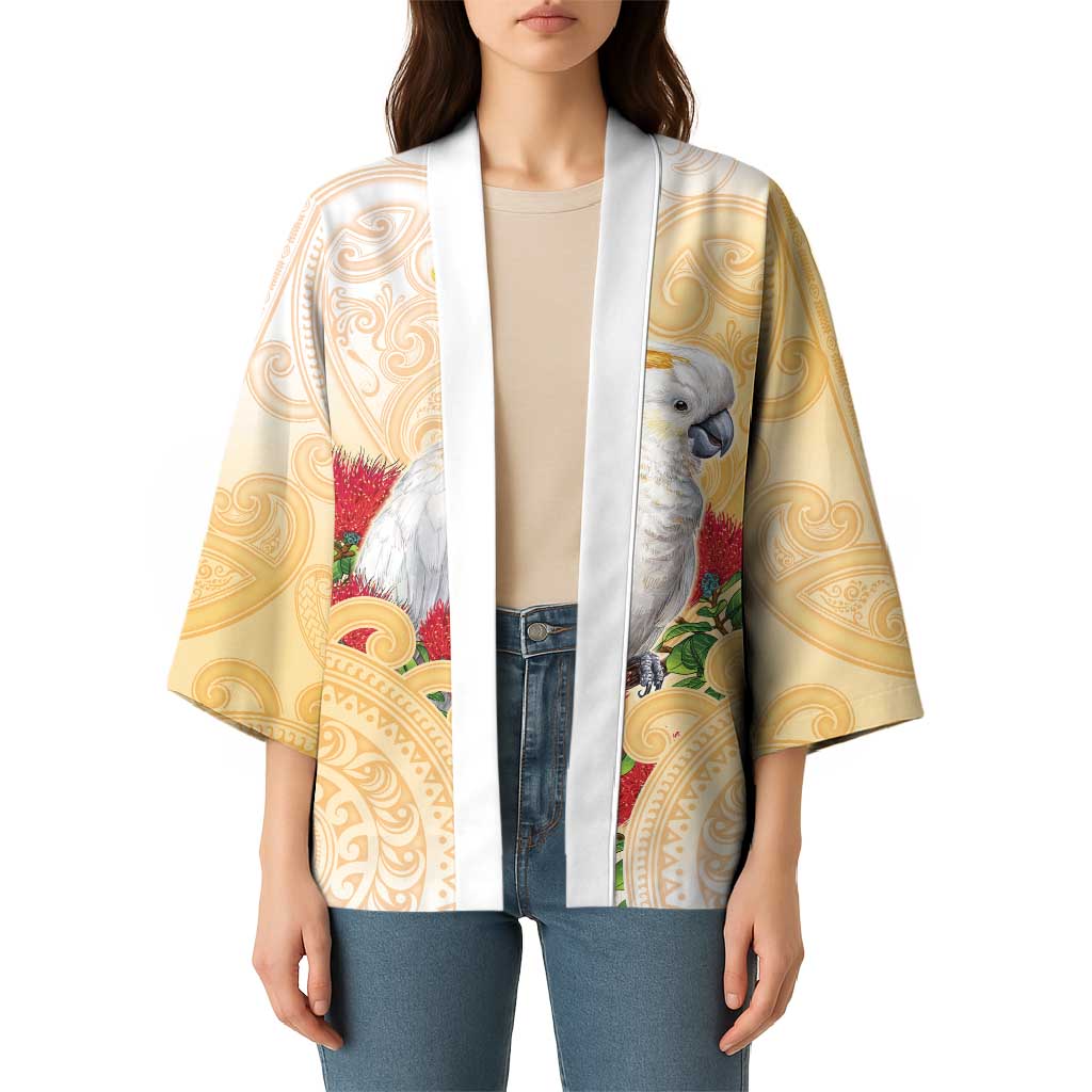 New Zealand Aotearoa Cockatoo Kimono Maori Pattern With Pohutukawa Flowers LT05 - Polynesian Pride