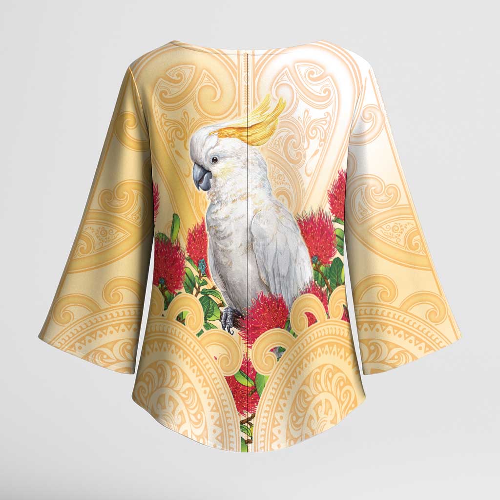 New Zealand Aotearoa Cockatoo Kimono Sleeve Blouse Maori Pattern With Pohutukawa Flowers LT05 - Polynesian Pride