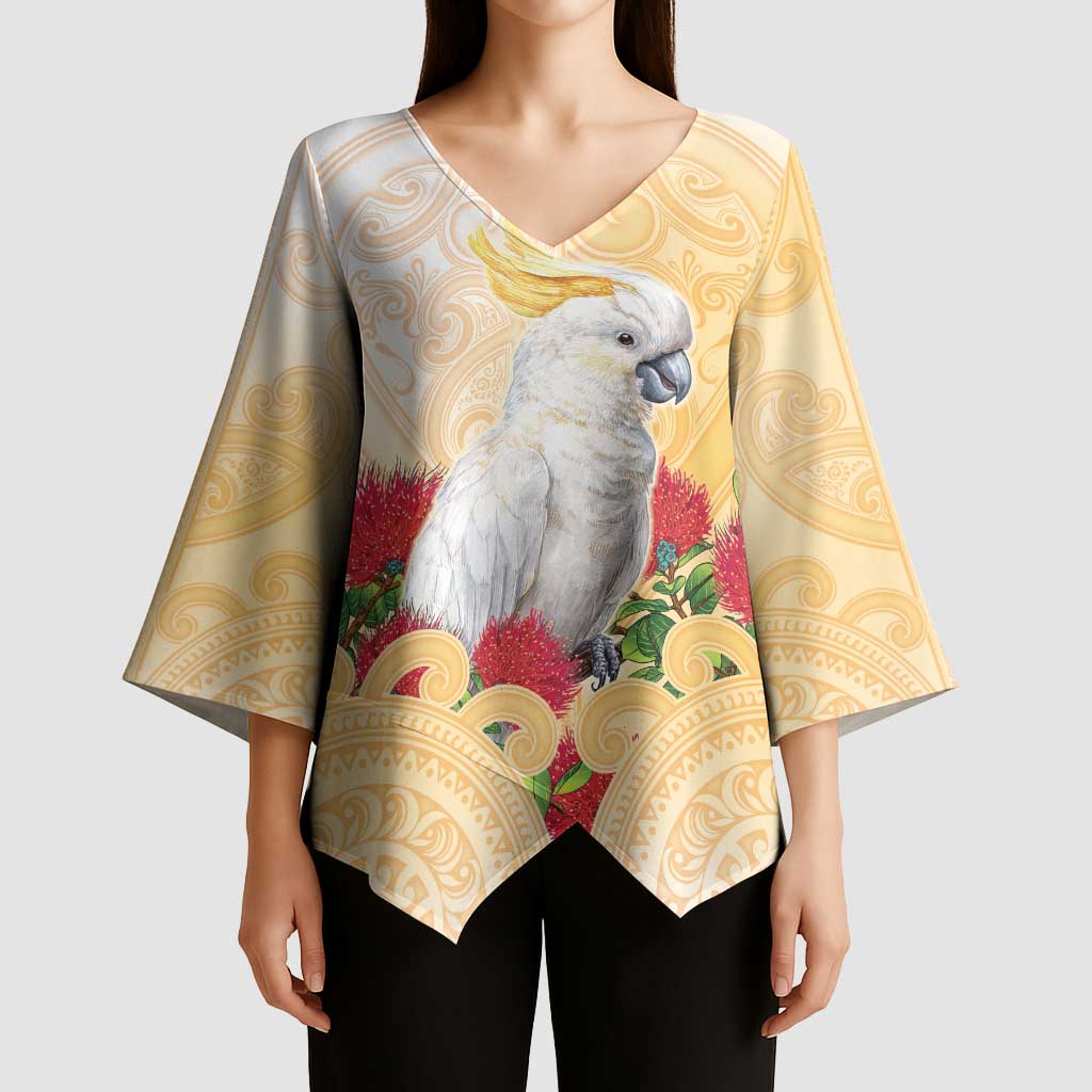 New Zealand Aotearoa Cockatoo Kimono Sleeve Blouse Maori Pattern With Pohutukawa Flowers LT05 - Polynesian Pride