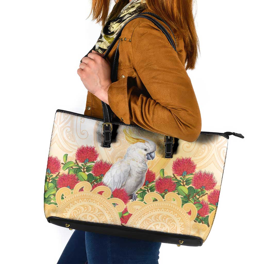 New Zealand Aotearoa Cockatoo Leather Tote Bag Maori Pattern With Pohutukawa Flowers LT05 Beige - Polynesian Pride