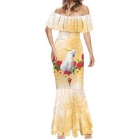 New Zealand Aotearoa Cockatoo Mermaid Dress Maori Pattern With Pohutukawa Flowers