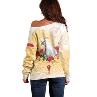 New Zealand Aotearoa Cockatoo Off Shoulder Sweater Maori Pattern With Pohutukawa Flowers LT05 - Polynesian Pride