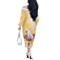 New Zealand Aotearoa Cockatoo Off The Shoulder Long Sleeve Dress Maori Pattern With Pohutukawa Flowers
