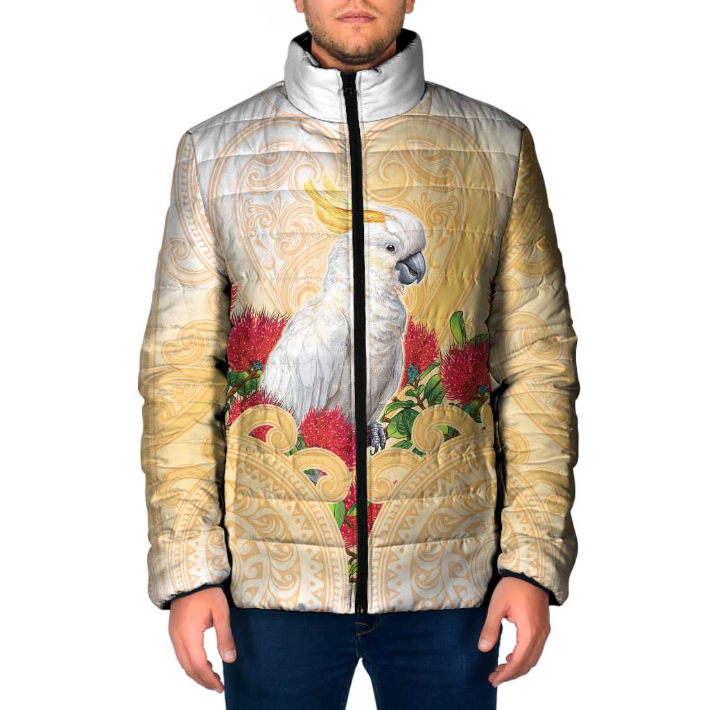 New Zealand Aotearoa Cockatoo Padded Jacket Maori Pattern With Pohutukawa Flowers LT05 Men Beige - Polynesian Pride