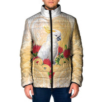New Zealand Aotearoa Cockatoo Padded Jacket Maori Pattern With Pohutukawa Flowers LT05 Men Beige - Polynesian Pride