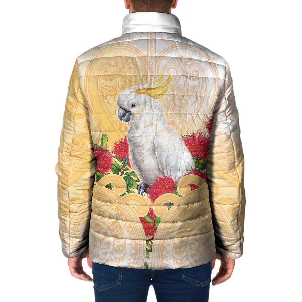 New Zealand Aotearoa Cockatoo Padded Jacket Maori Pattern With Pohutukawa Flowers LT05 - Polynesian Pride