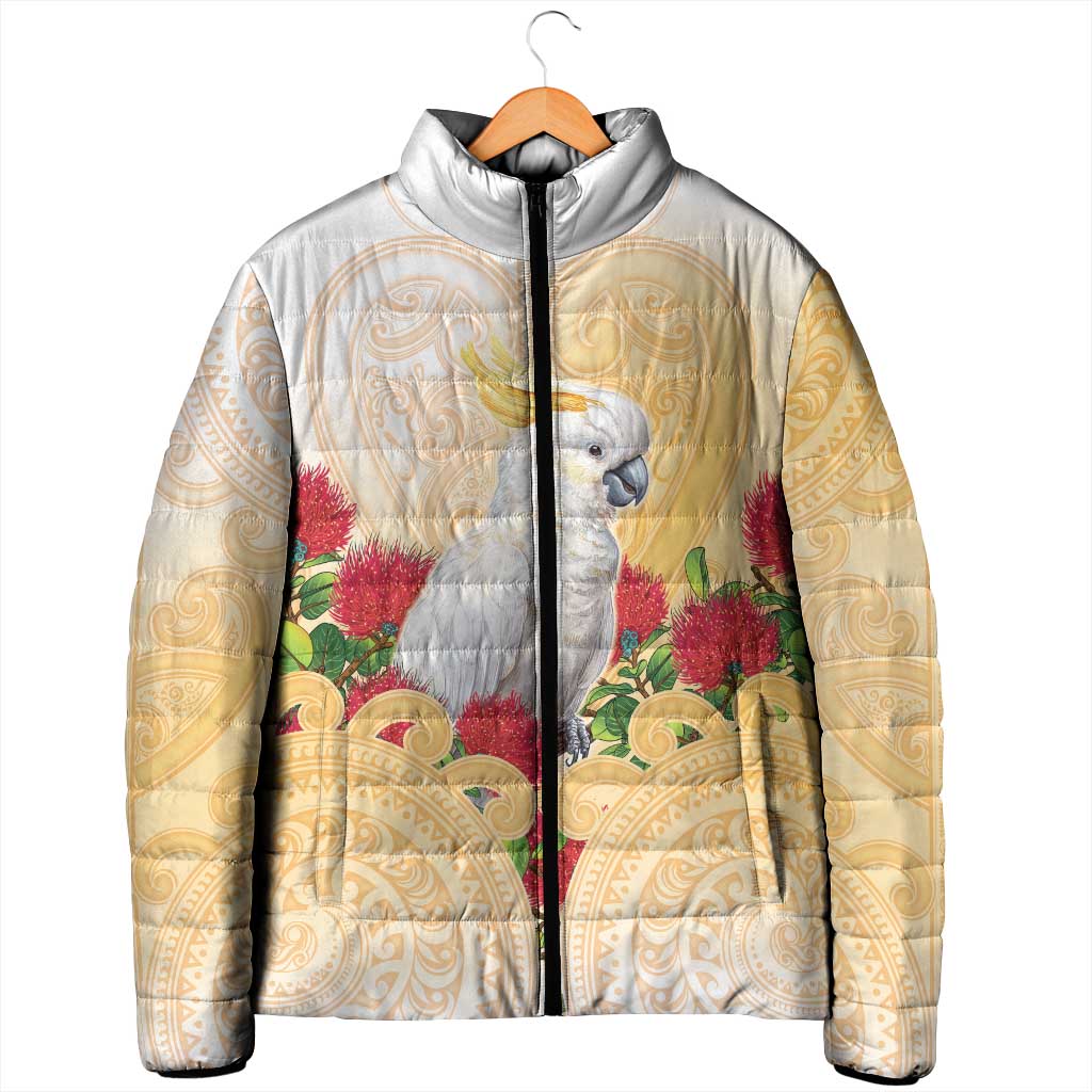 New Zealand Aotearoa Cockatoo Padded Jacket Maori Pattern With Pohutukawa Flowers LT05 - Polynesian Pride