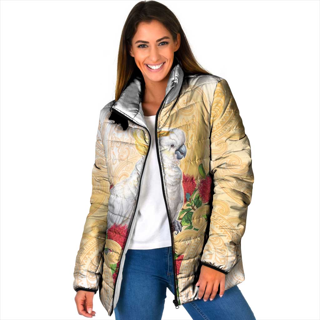 New Zealand Aotearoa Cockatoo Padded Jacket Maori Pattern With Pohutukawa Flowers LT05 Women Beige - Polynesian Pride
