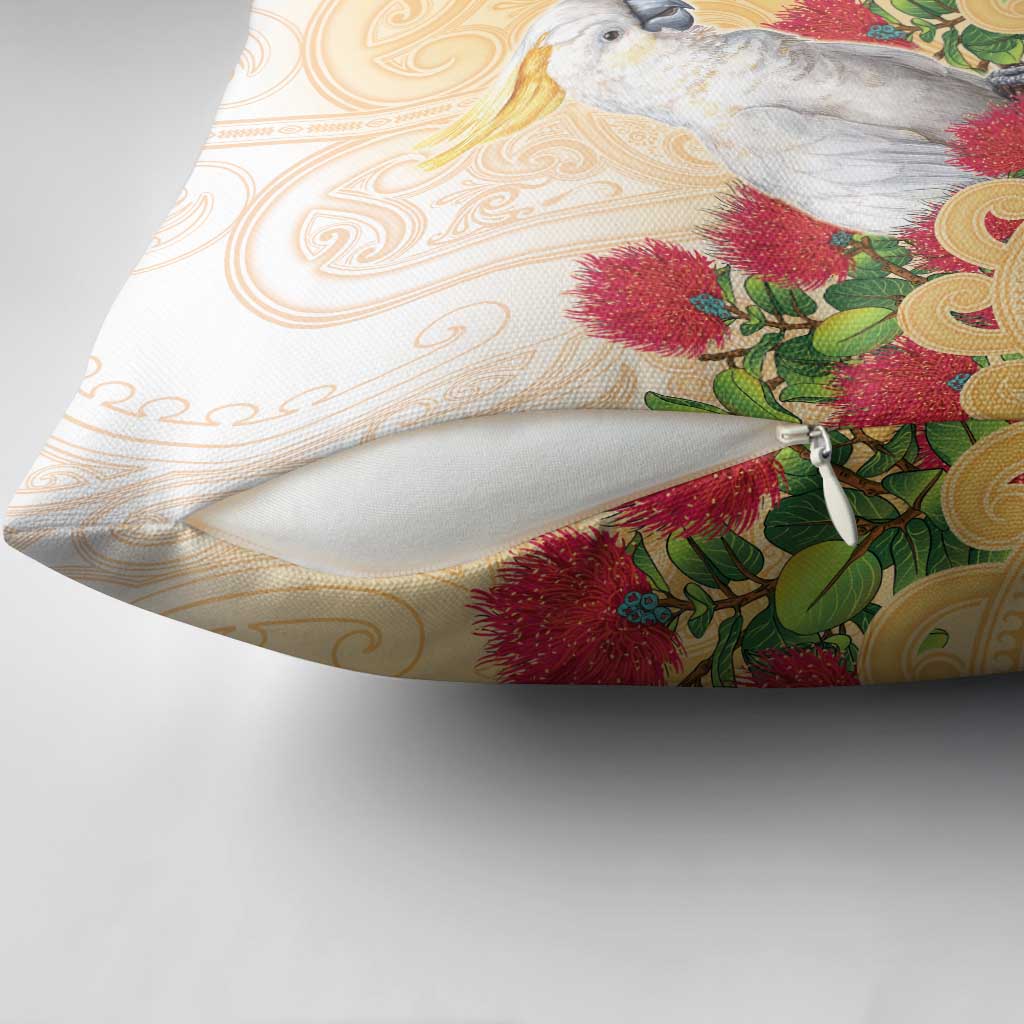 New Zealand Aotearoa Cockatoo Pillow Cover Maori Pattern With Pohutukawa Flowers LT05 - Polynesian Pride