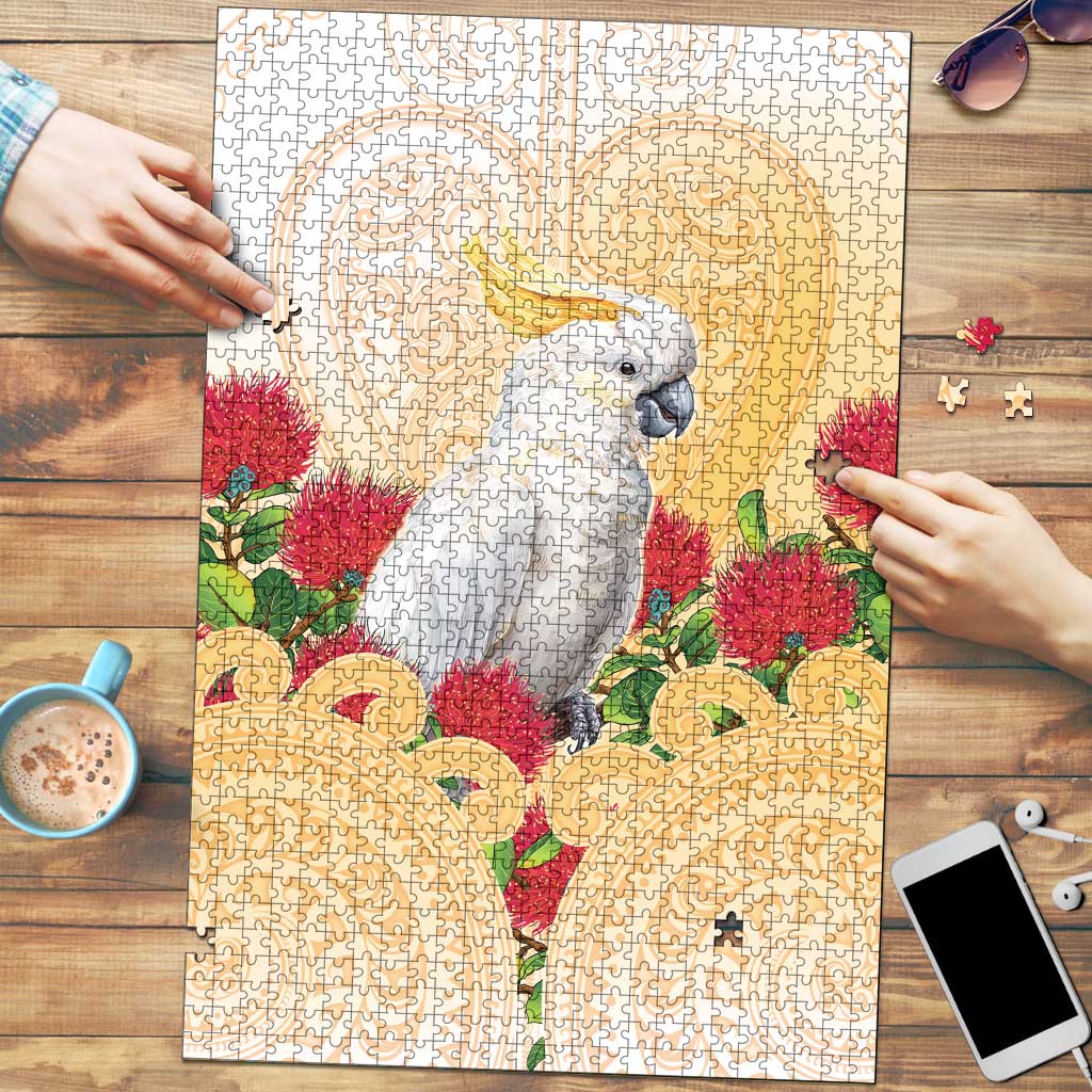 New Zealand Aotearoa Cockatoo Puzzle Maori Pattern With Pohutukawa Flowers LT05 Beige - Polynesian Pride