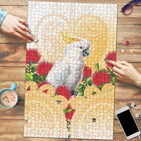 New Zealand Aotearoa Cockatoo Puzzle Maori Pattern With Pohutukawa Flowers LT05 Beige - Polynesian Pride