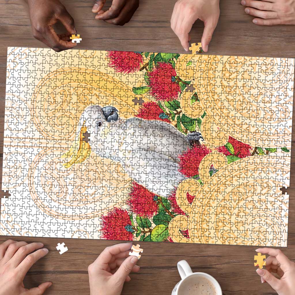 New Zealand Aotearoa Cockatoo Puzzle Maori Pattern With Pohutukawa Flowers LT05 - Polynesian Pride