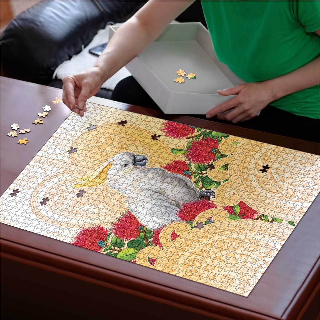 New Zealand Aotearoa Cockatoo Puzzle Maori Pattern With Pohutukawa Flowers LT05 - Polynesian Pride