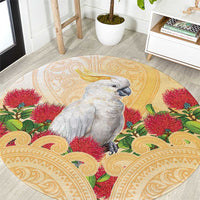 New Zealand Aotearoa Cockatoo Round Carpet Maori Pattern With Pohutukawa Flowers LT05 Beige - Polynesian Pride