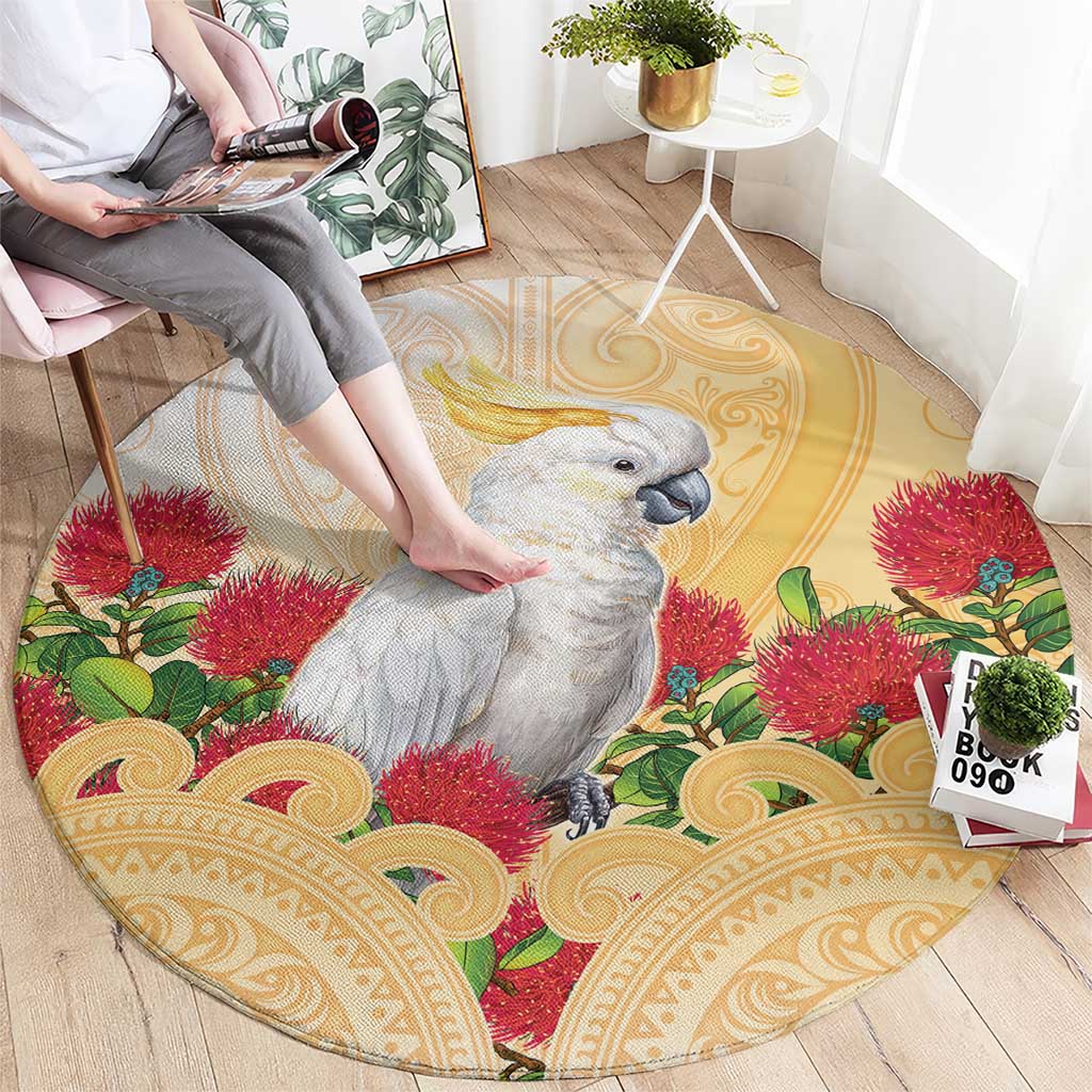New Zealand Aotearoa Cockatoo Round Carpet Maori Pattern With Pohutukawa Flowers LT05 - Polynesian Pride