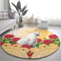 New Zealand Aotearoa Cockatoo Round Carpet Maori Pattern With Pohutukawa Flowers LT05 - Polynesian Pride