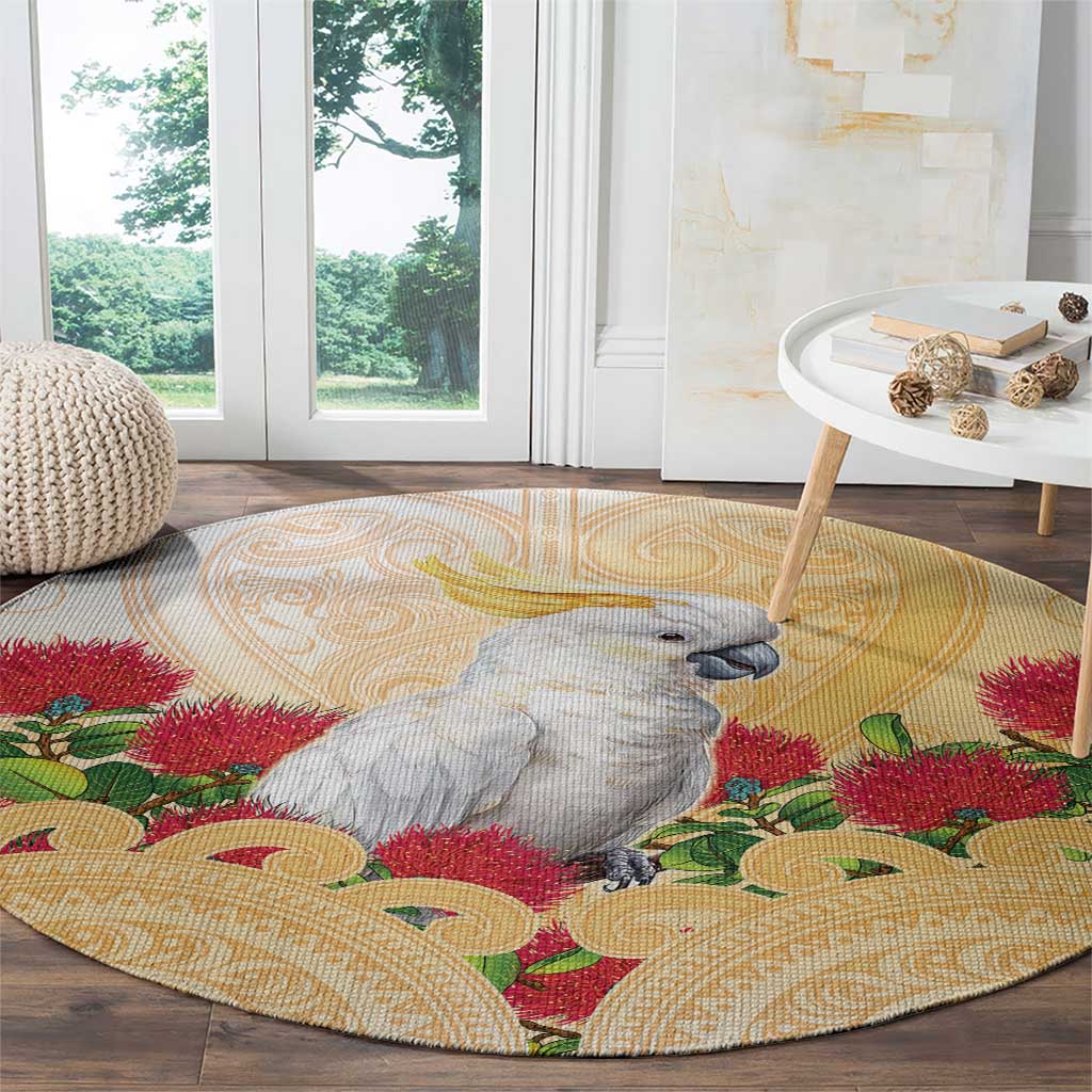 New Zealand Aotearoa Cockatoo Round Carpet Maori Pattern With Pohutukawa Flowers LT05 - Polynesian Pride