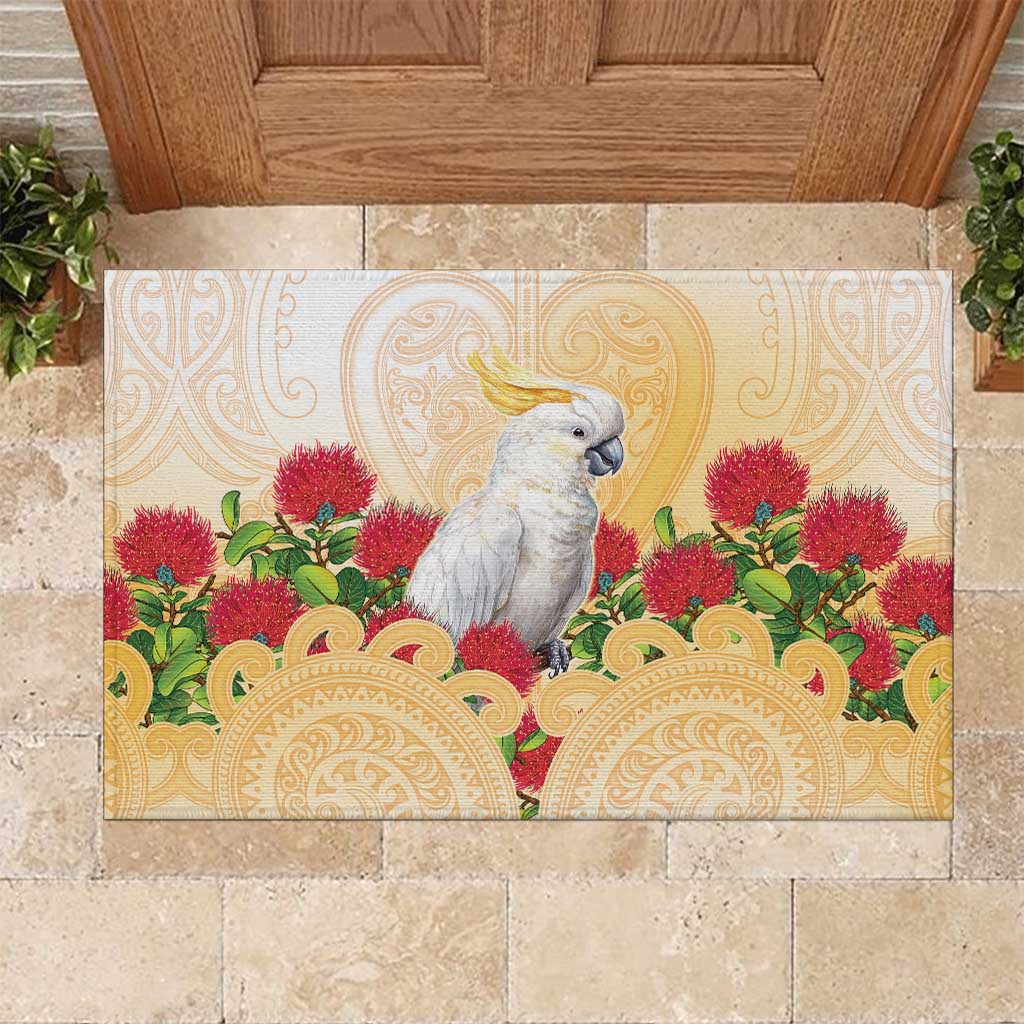 New Zealand Aotearoa Cockatoo Rubber Doormat Maori Pattern With Pohutukawa Flowers