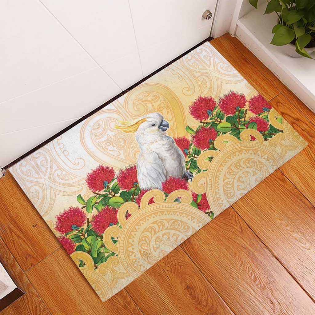 New Zealand Aotearoa Cockatoo Rubber Doormat Maori Pattern With Pohutukawa Flowers