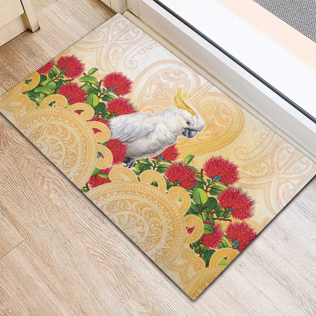 New Zealand Aotearoa Cockatoo Rubber Doormat Maori Pattern With Pohutukawa Flowers