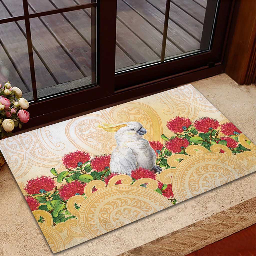 New Zealand Aotearoa Cockatoo Rubber Doormat Maori Pattern With Pohutukawa Flowers